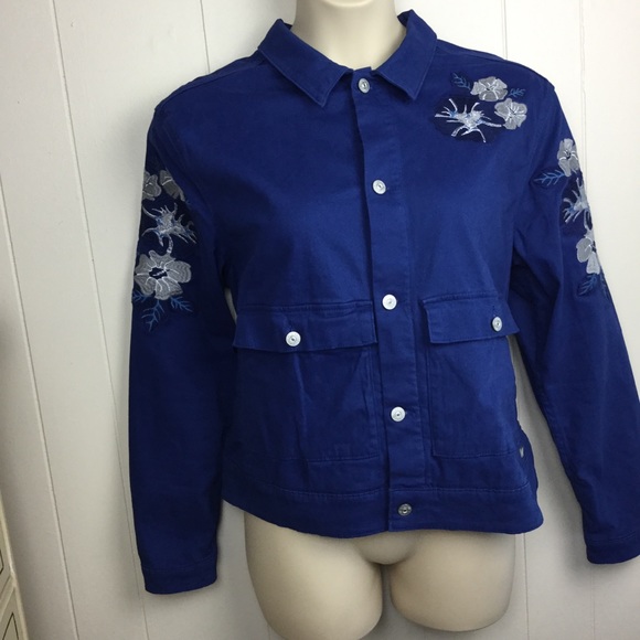 Lularoe Royal Blue Floral Embroidered Cotton Kenny Button Down Jacket woman 2X - Picture 11 of 16